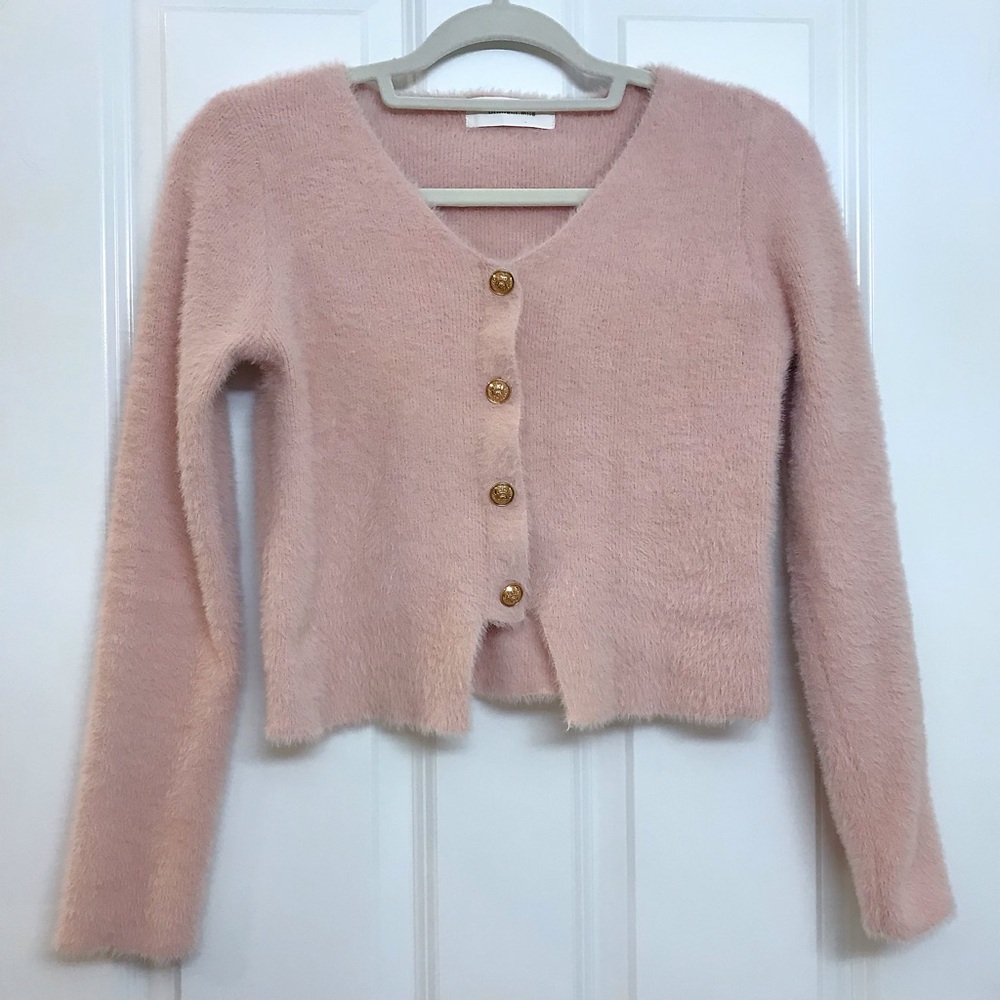Soft Plush V-Neck Button Cardigan - Pink